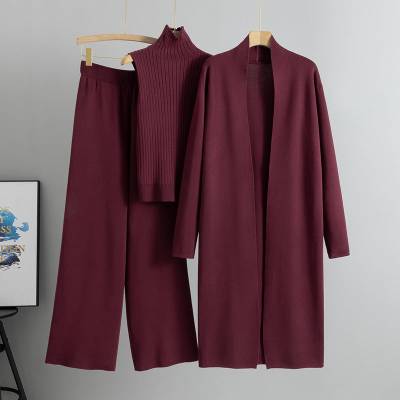 Knit Vest & Long Cardigan & Wide-Leg Pants 3-Piece Set - Wine Red