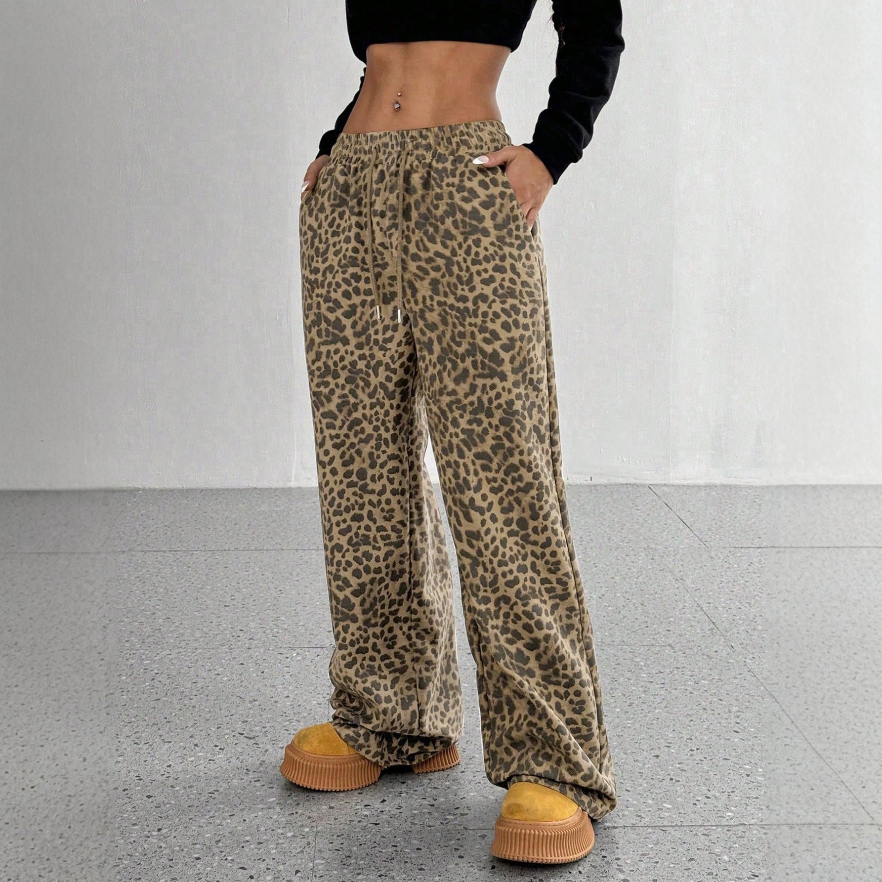 Leopard Print Loose Straight Leg Casual Trousers