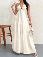 Women's Backless Halterneck Maxi Dress - Beige