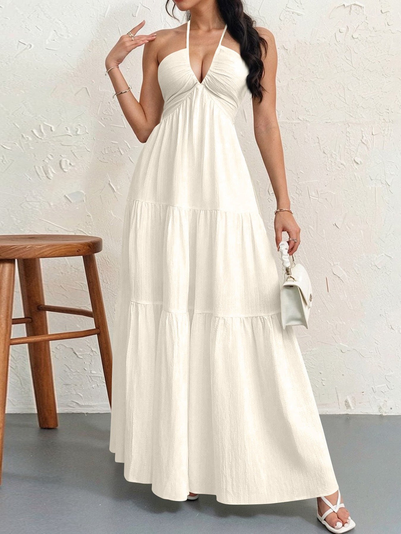 Women's Backless Halterneck Maxi Dress - Beige