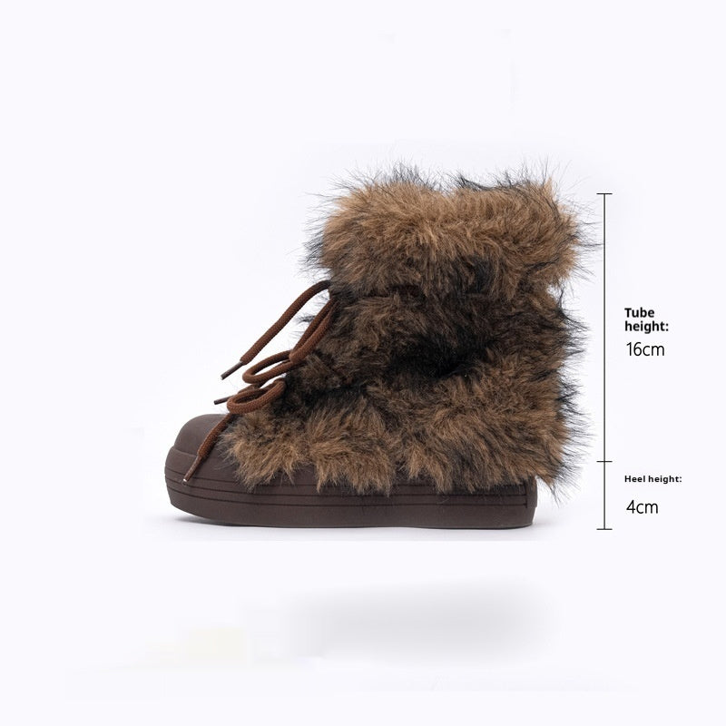 Faux Suede Fur-Lined Flat Snow Ankle Boots - Brown