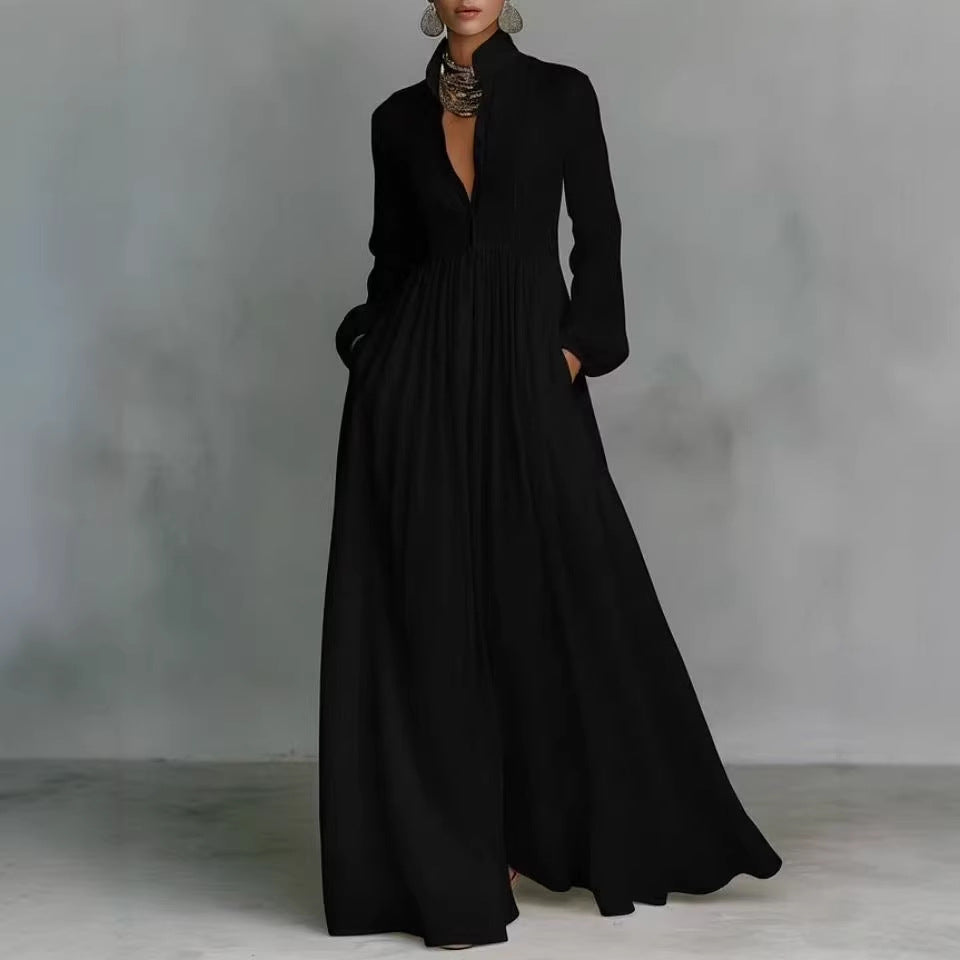 Women's Long Sleeve Pleated A-Line Dress - Black