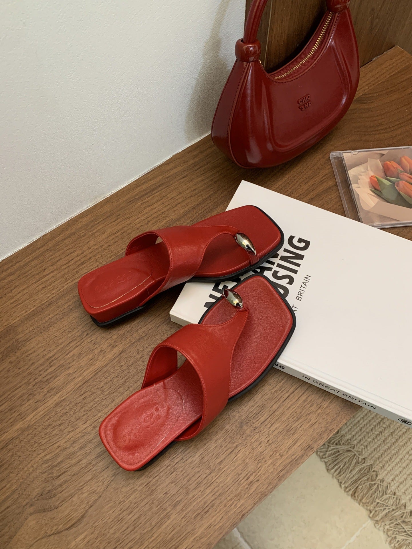 Korean Wedge Square-Toe Microfiber Slide Sandals - Red