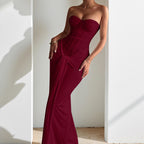 Strapless Waist-Cinching Slim Pencil Maxi Dress - Wine Red