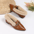 Pointed Toe Square Buckle Fluffy Low Heel Loafers