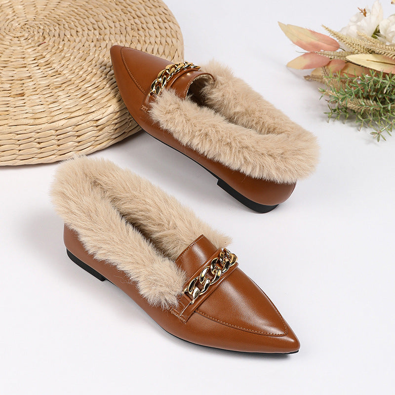Pointed Toe Square Buckle Fluffy Low Heel Loafers