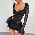 Floral Lace Steel Ring Fishbone Slim Fit Top