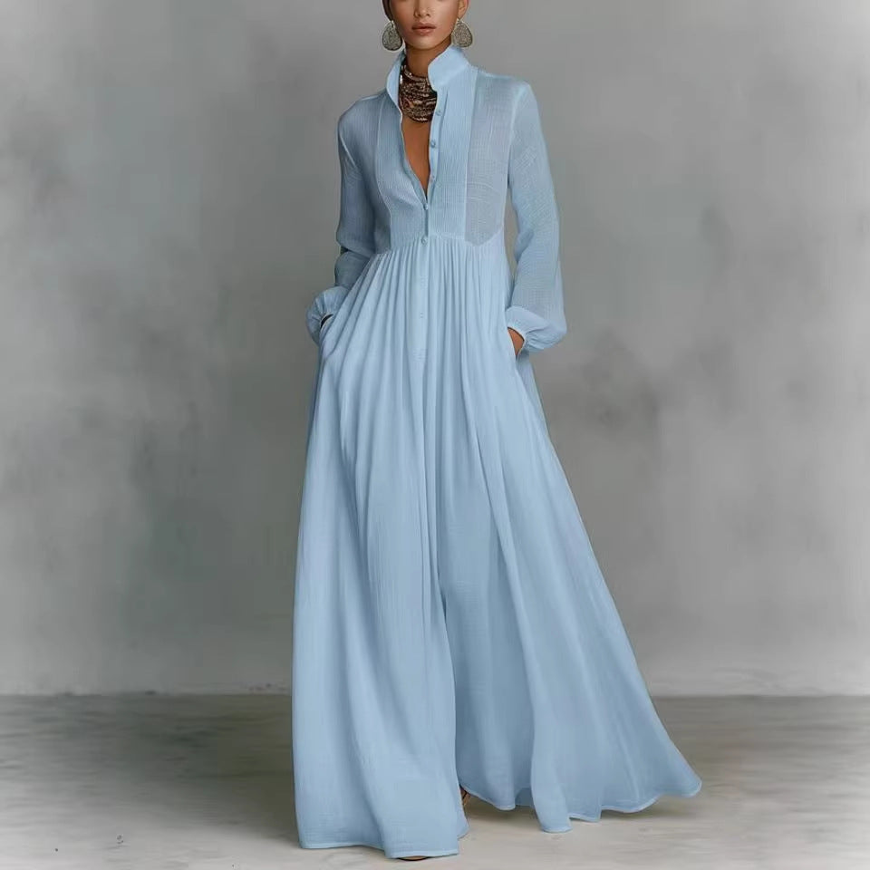 Women's Long Sleeve Pleated A-Line Dress - Blue