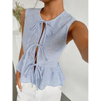 3D Print Drawstring Sleeveless Tank Top - Blue