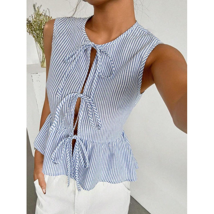 3D Print Drawstring Sleeveless Tank Top - Blue