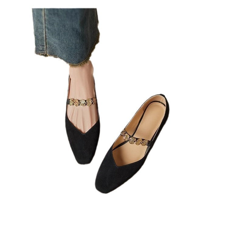 French Retro Square Toe Suede Flat Pumps