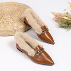 Pointed Toe Square Buckle Fluffy Low Heel Loafers