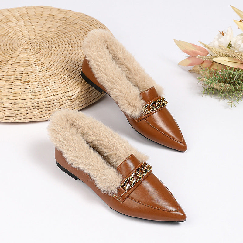Pointed Toe Square Buckle Fluffy Low Heel Loafers