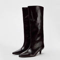 British Style Pointed Toe Mid-Heel Knee-High Boots