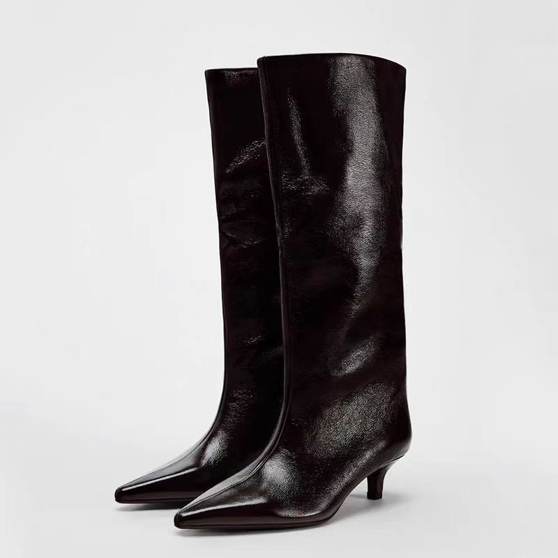 British Style Pointed Toe Mid-Heel Knee-High Boots