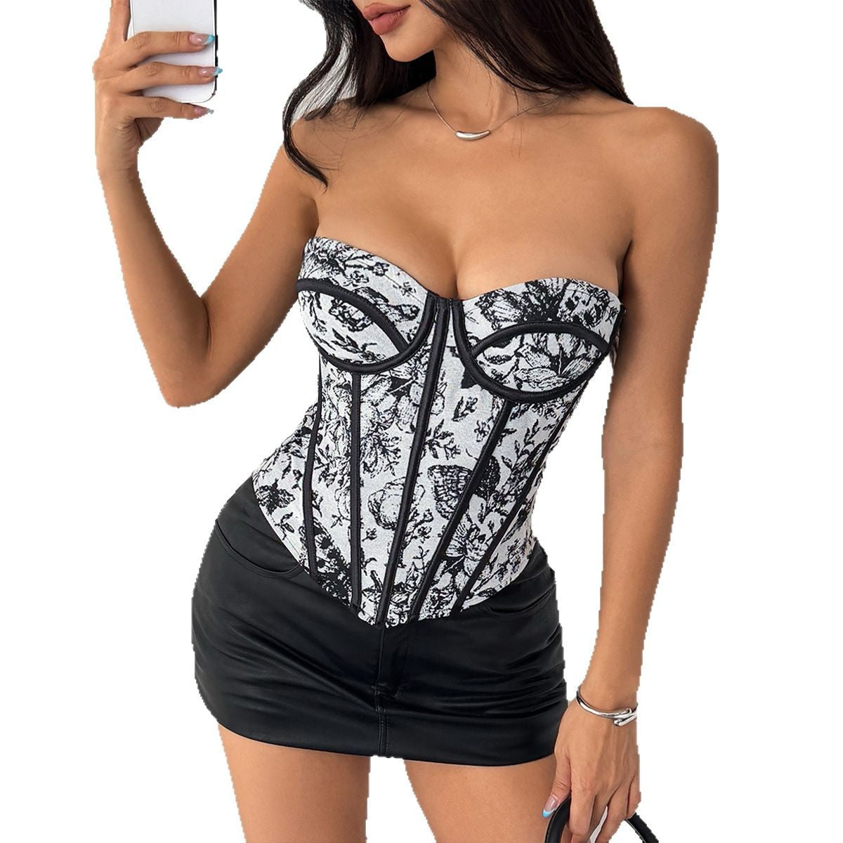 Jacquard Fishbone Corset Strapless Waist Top