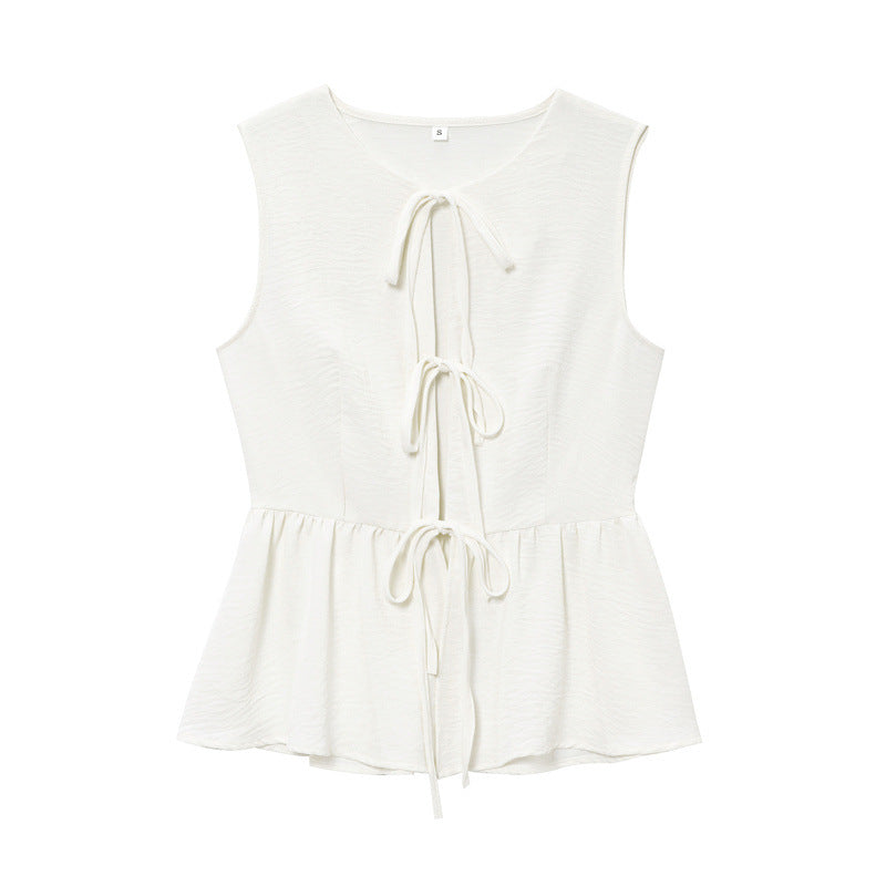 Lace-Up Sleeveless Top & Flared Drape Pants - white Top