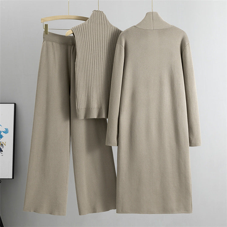 Knit Vest & Long Cardigan & Wide-Leg Pants 3-Piece Set - Camel