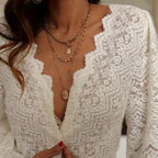 V-Neck Lace Trim Button-Down Blouse - Apricot
