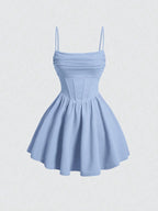 Sexy Dress Solid Color Pleated Back Zipper Sling Dress