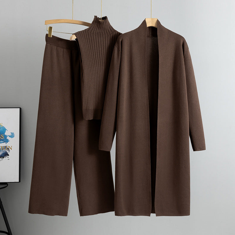 Knit Vest & Long Cardigan & Wide-Leg Pants 3-Piece Set