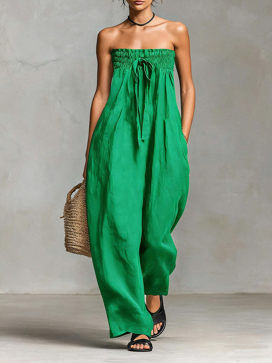 Women's Strapless Ruched Jumpsuit - Green