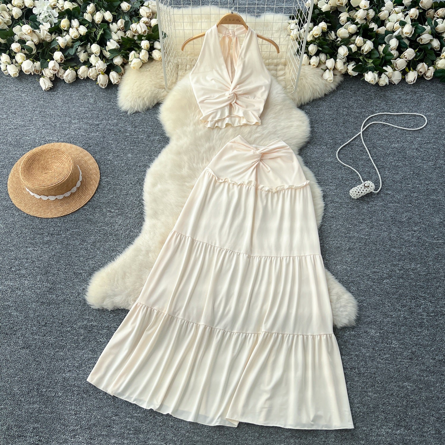 V-Neck Halter Top & High-Waist Skirt Set - Apricot