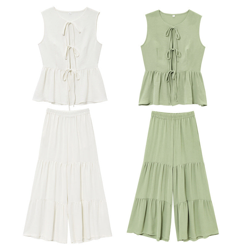 Lace-Up Sleeveless Top & Flared Drape Pants