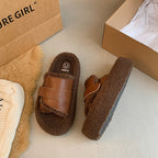 Fluffy Lamb Wool Fleece-Lined Suede Slippers - Dark Brown