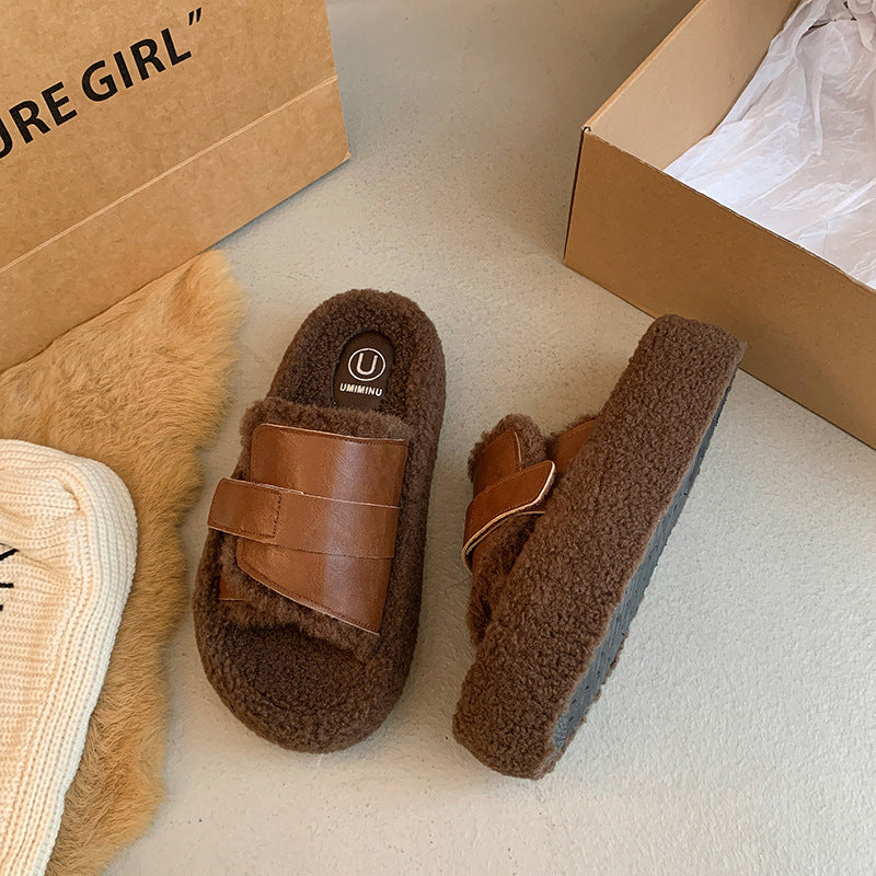 Fluffy Lamb Wool Fleece-Lined Suede Slippers - Dark Brown