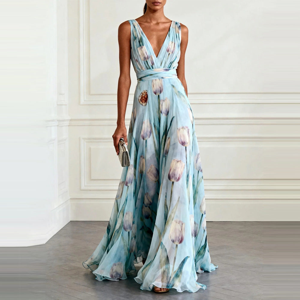 Floral Print Sleeveless Maxi Dress - Sky Blue