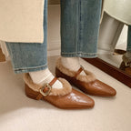 Genuine Sheepskin Pointed Toe Ankle Strap Flat Shoes