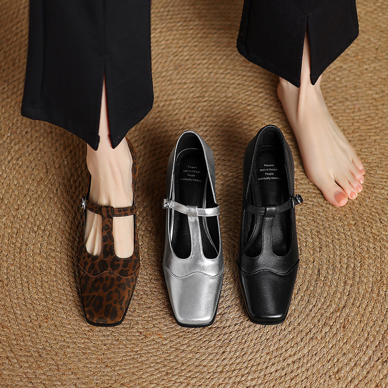 Chunky Mid-Heel Square Toe Pumps