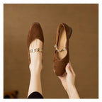 French Retro Square Toe Suede Flat Pumps