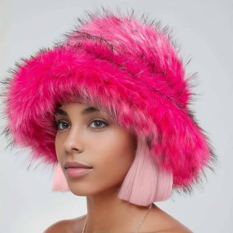 Faux Fur Plush Thickened Fisherman Hat - Rose Red