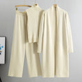 Knit Vest & Long Cardigan & Wide-Leg Pants 3-Piece Set - Apricot