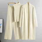 Knit Vest & Long Cardigan & Wide-Leg Pants 3-Piece Set - Apricot