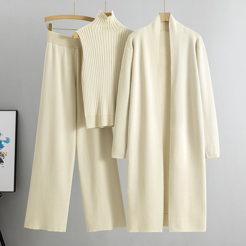 Knit Vest & Long Cardigan & Wide-Leg Pants 3-Piece Set - Apricot
