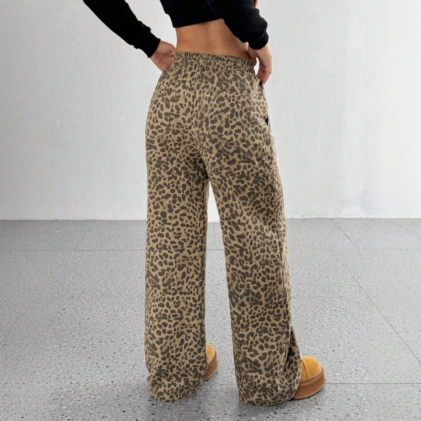 Leopard Print Loose Straight Leg Casual Trousers