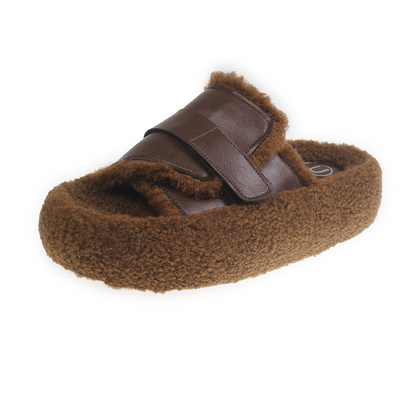 Fluffy Lamb Wool Fleece-Lined Suede Slippers - Brown