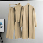 Knit Vest & Long Cardigan & Wide-Leg Pants 3-Piece Set - Khaki
