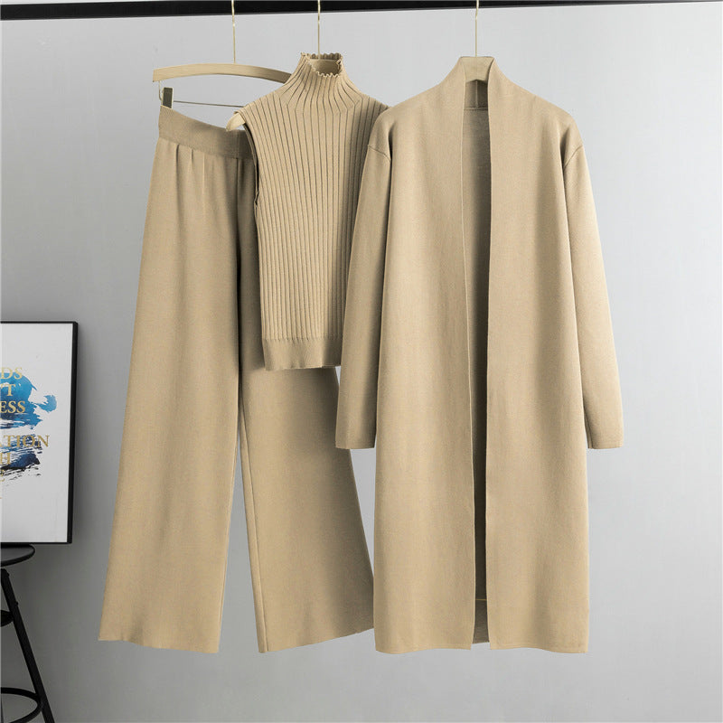 Knit Vest & Long Cardigan & Wide-Leg Pants 3-Piece Set - Khaki