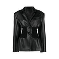 PU Leather Patchwork Knit Waisted Long Sleeve Coat