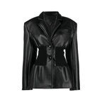 PU Leather Patchwork Knit Waisted Long Sleeve Coat