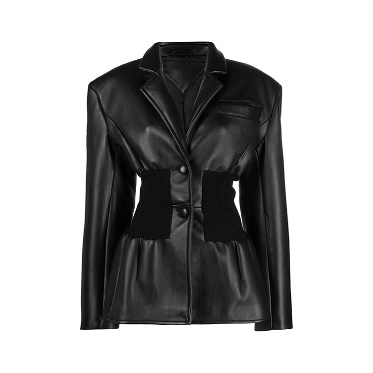 PU Leather Patchwork Knit Waisted Long Sleeve Coat
