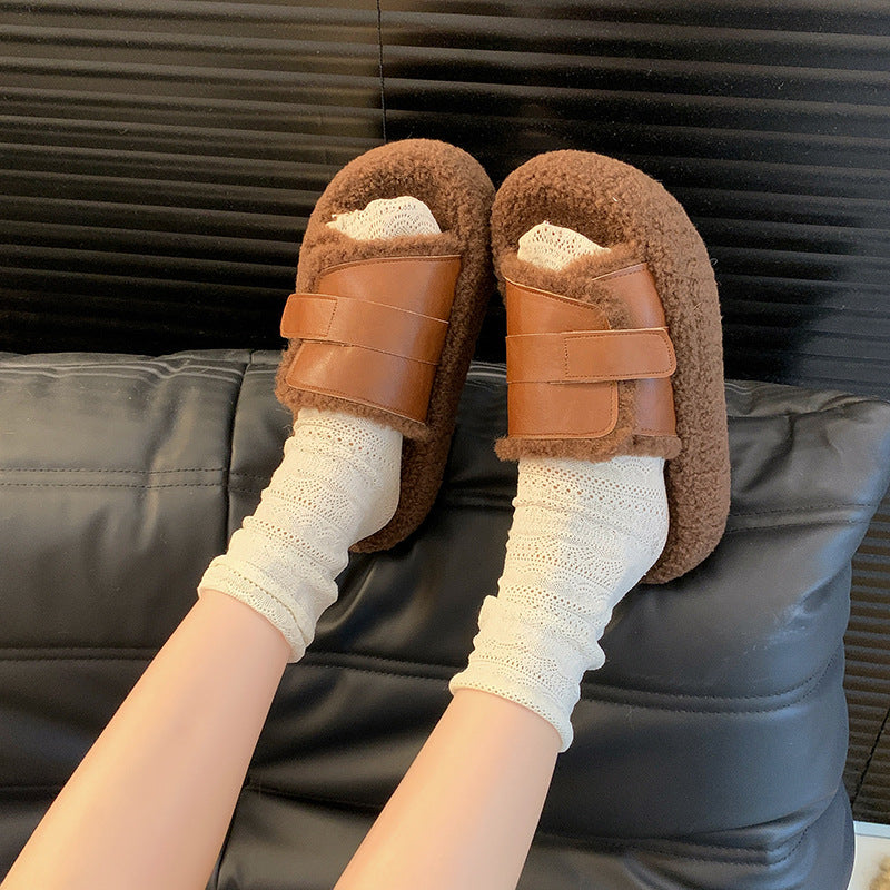 Fluffy Lamb Wool Fleece-Lined Suede Slippers - Dark Brown