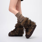 Faux Suede Fur-Lined Flat Snow Ankle Boots - Brown