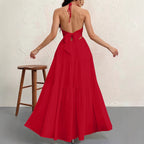 Women's Backless Halterneck Maxi Dress - Red