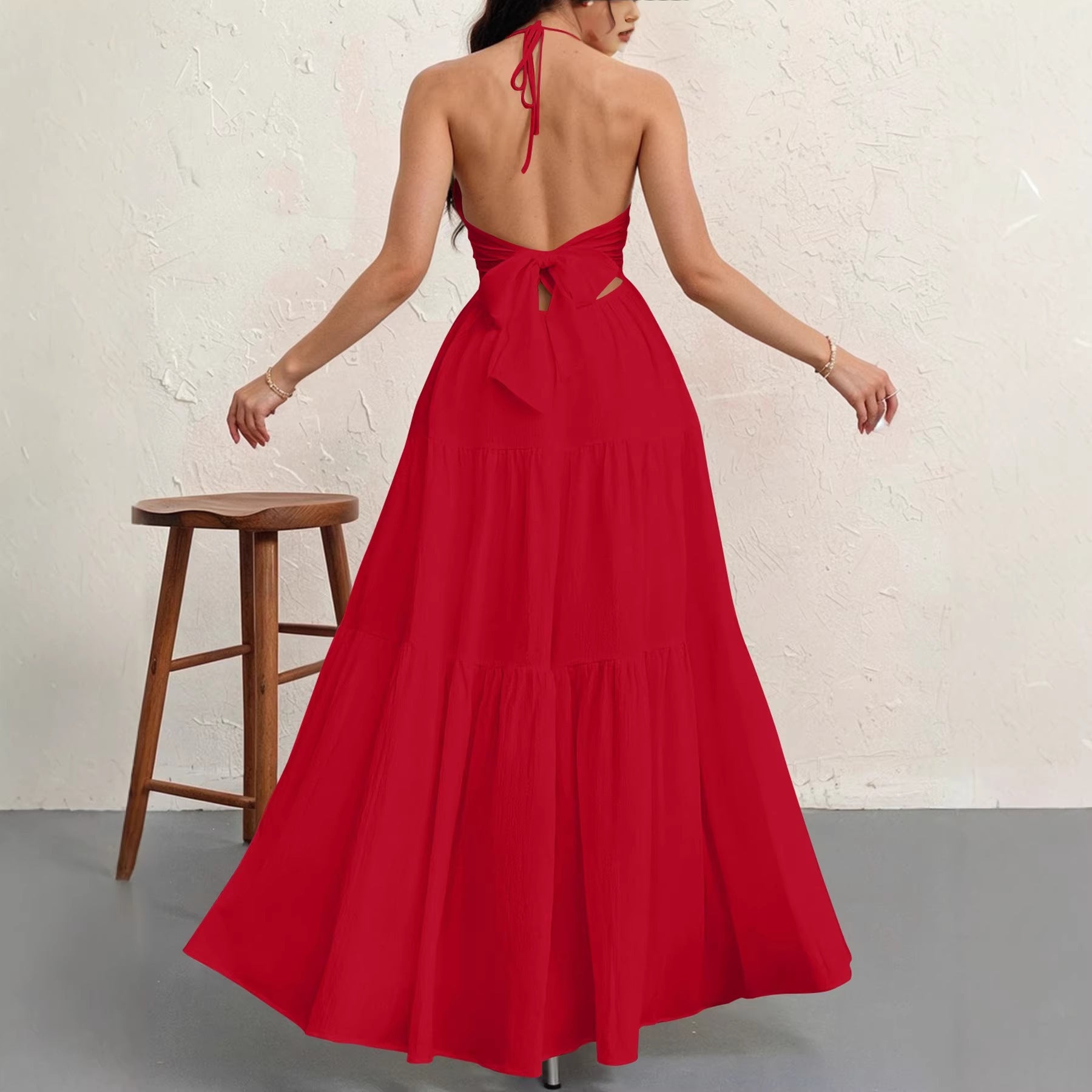 Women's Backless Halterneck Maxi Dress - Red